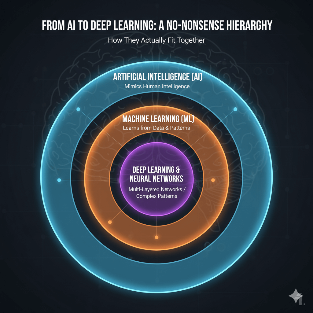 A diagram showing the hierarchy of AI, Machine Learning, and Deep Learning as concentric circles.