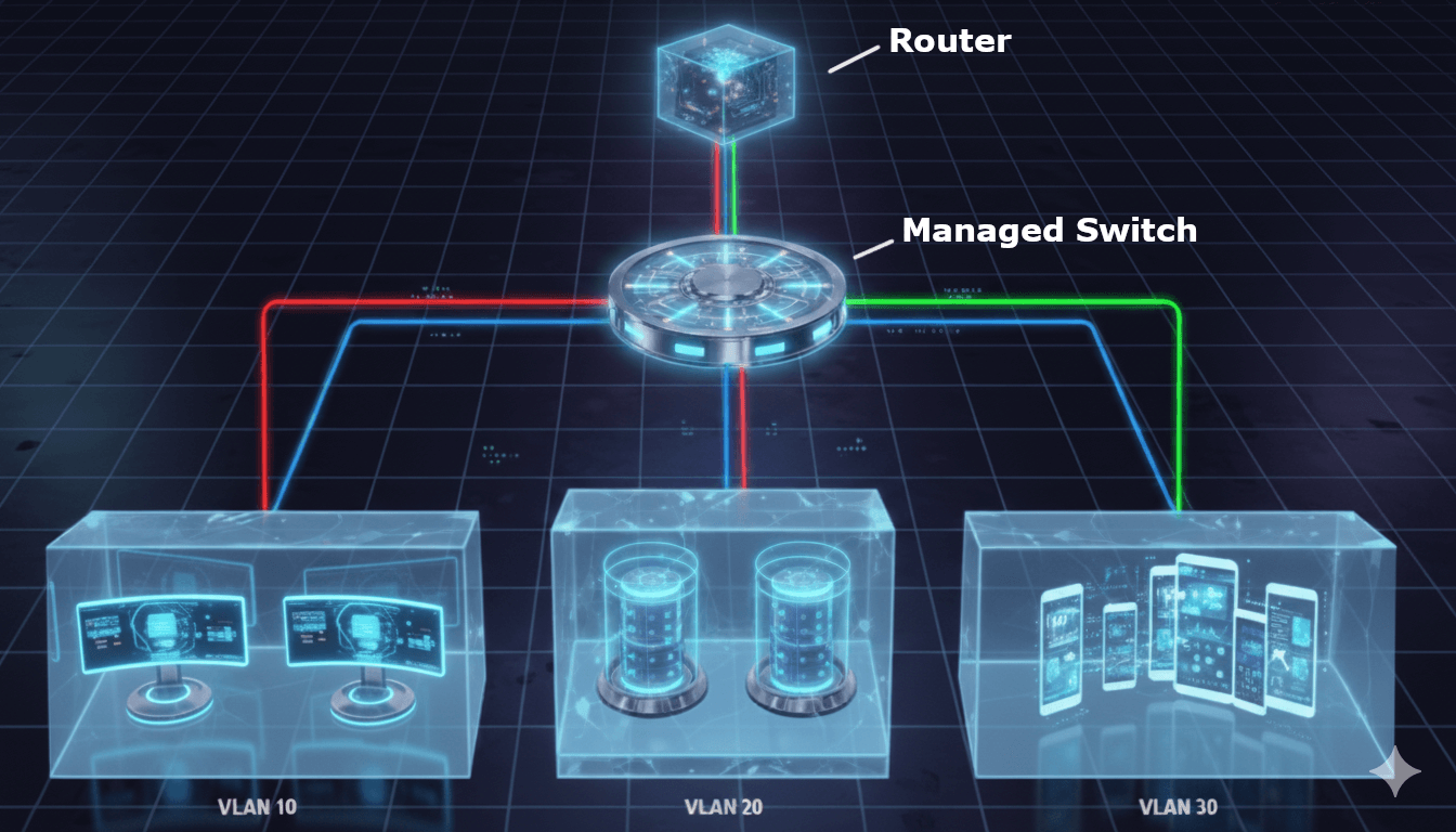 Router on a Stick network diagram showing a router connected to a managed switch which then splits into three VLANs for different device types.