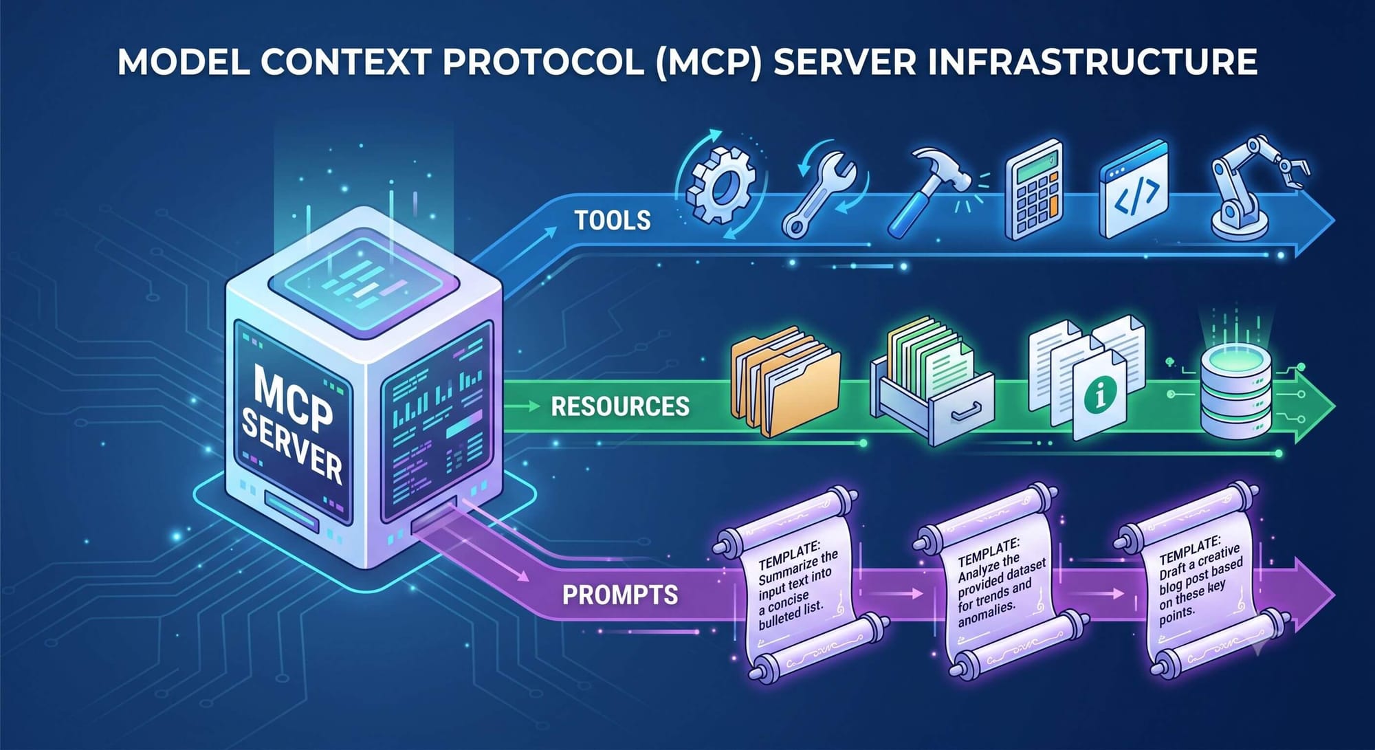 Diagram of an MCP server exposing its three primitives in separate lanes — Tools, Resources, and Prompts.