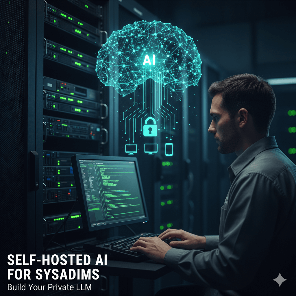 Sysadmin working on a server rack with a glowing neural network "AI" brain icon, symbolizing self-hosted private LLMs.