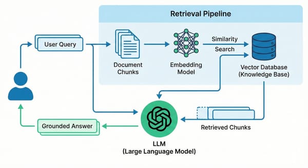 RAG retrieval pipeline: user query passes through document chunks, embedding model, and vector database; retrieved chunks feed an LLM to       produce a grounded answer